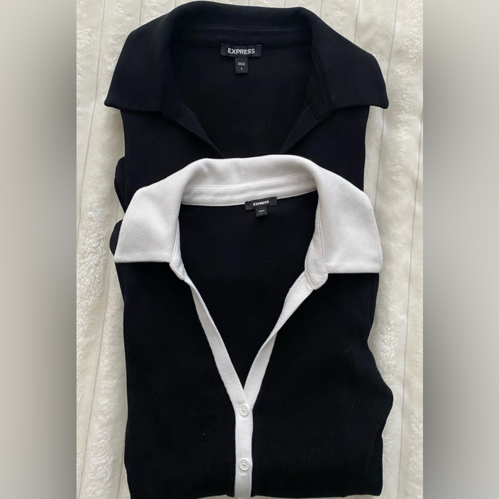 (2) Express Women’s Ribbed V-Neck Collar Bodysuits Shirt Black Size S - Picture 2 of 6